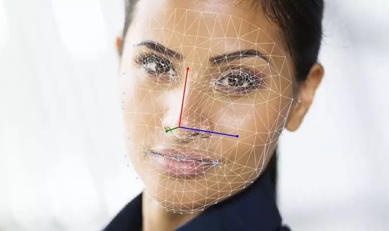 FaceReader mesh grid on woman's face